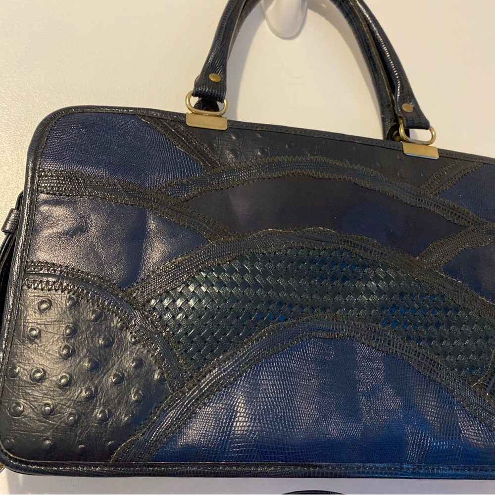 Vintage Caprice Leather Snakeskin Patchwork Navy Blue Handbag - Picture 4 of 16